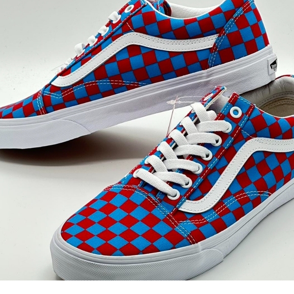 Vans Shoes - - Vans Old Skool Checkboard Sneakers size 8 women's red and blue worn few …